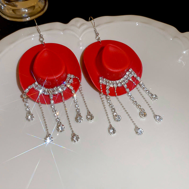 Wholesale Cowboy Hat Teardrop Diamond Tassel Earrings